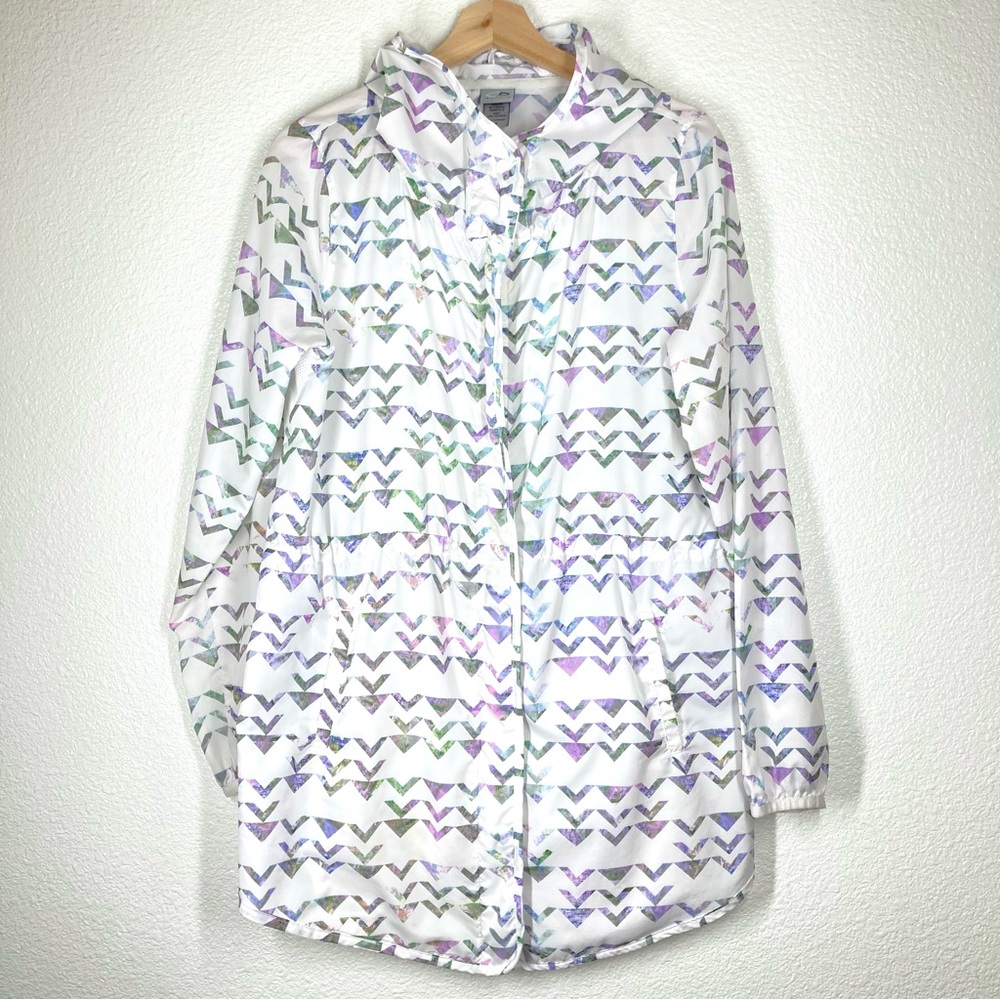 Champion Women's Long Windbreaker Hoodie Jacket Medium White Chevron Print